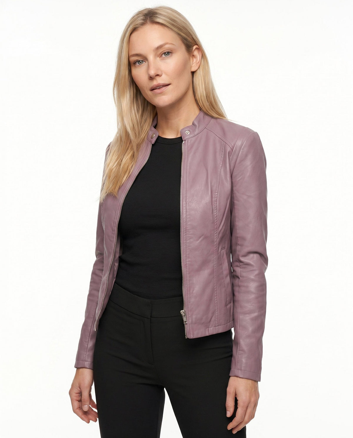 Leather Snap Collar Moto Jacket