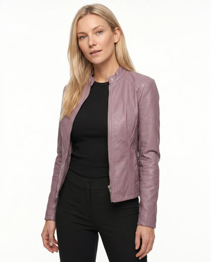 Leather Snap Collar Moto Jacket