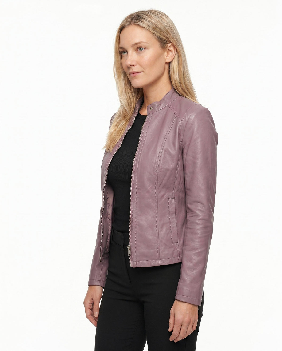 Leather Snap Collar Moto Jacket