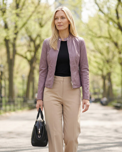 Leather Snap Collar Moto Jacket