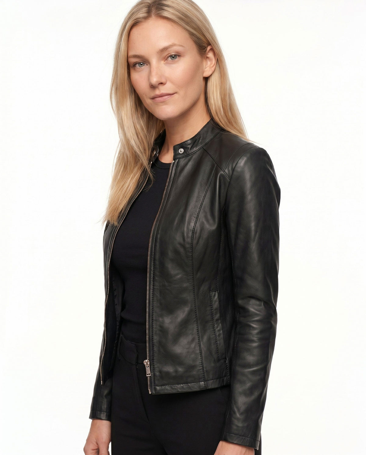 Leather Snap Collar Moto Jacket