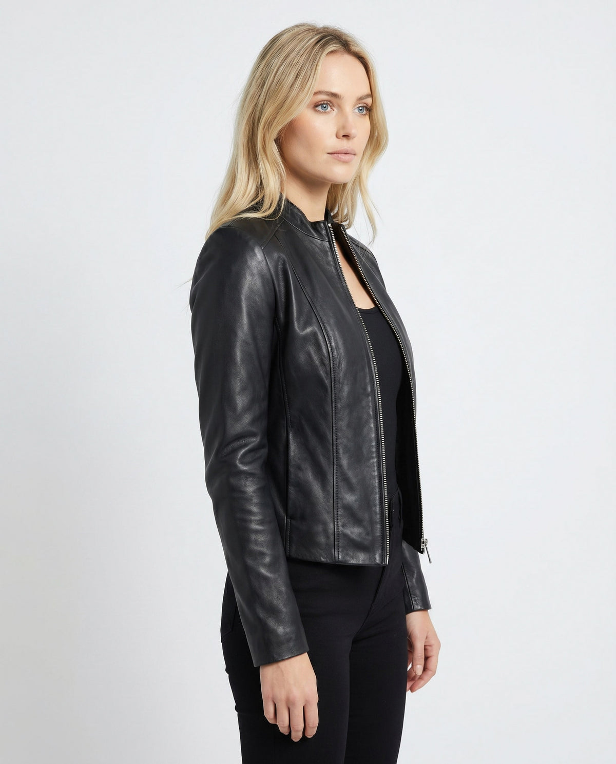 Leather Snap Collar Moto Jacket