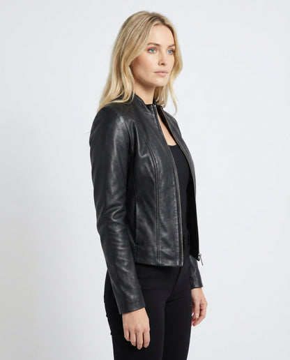 Leather Snap Collar Moto Jacket