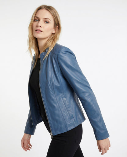 Leather Snap Collar Moto Jacket