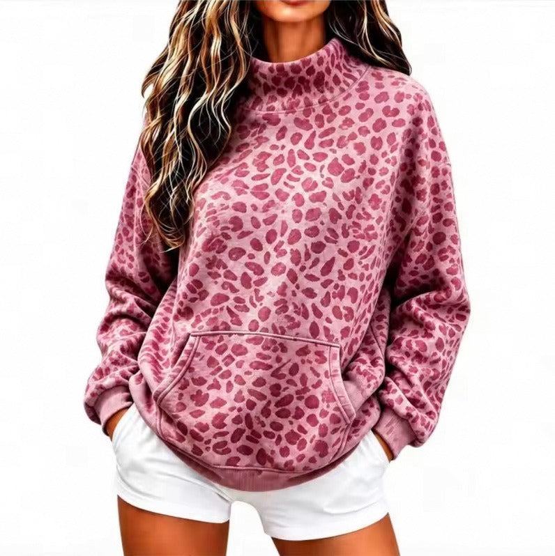 Leopard Print Long Sleeve Mock Neck Sweatshirt