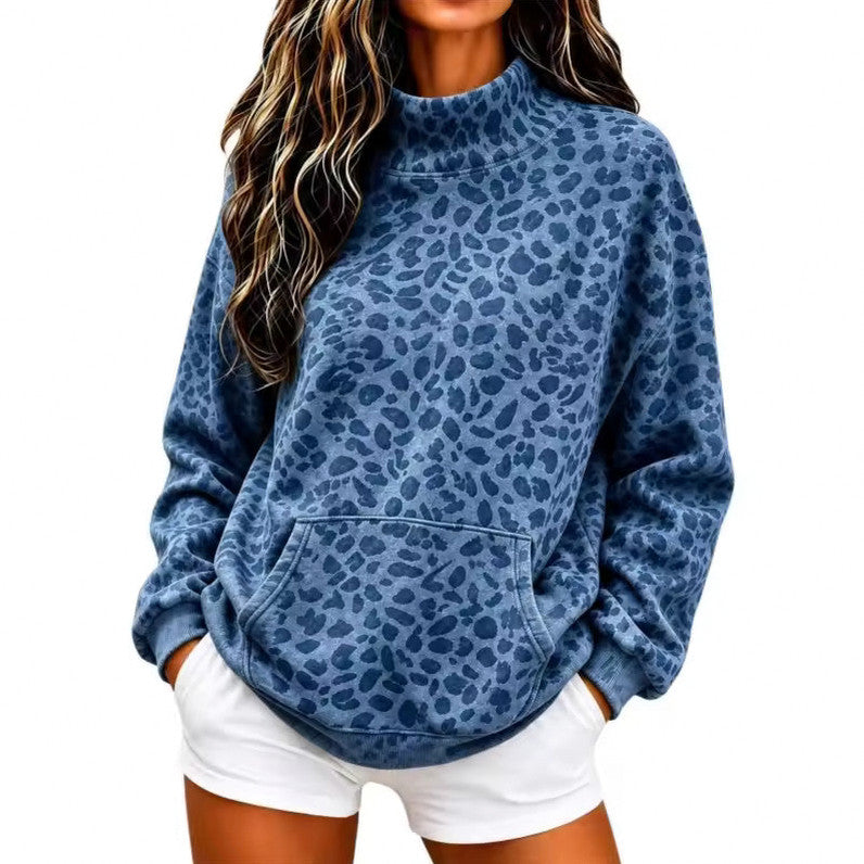 Leopard Print Long Sleeve Mock Neck Sweatshirt