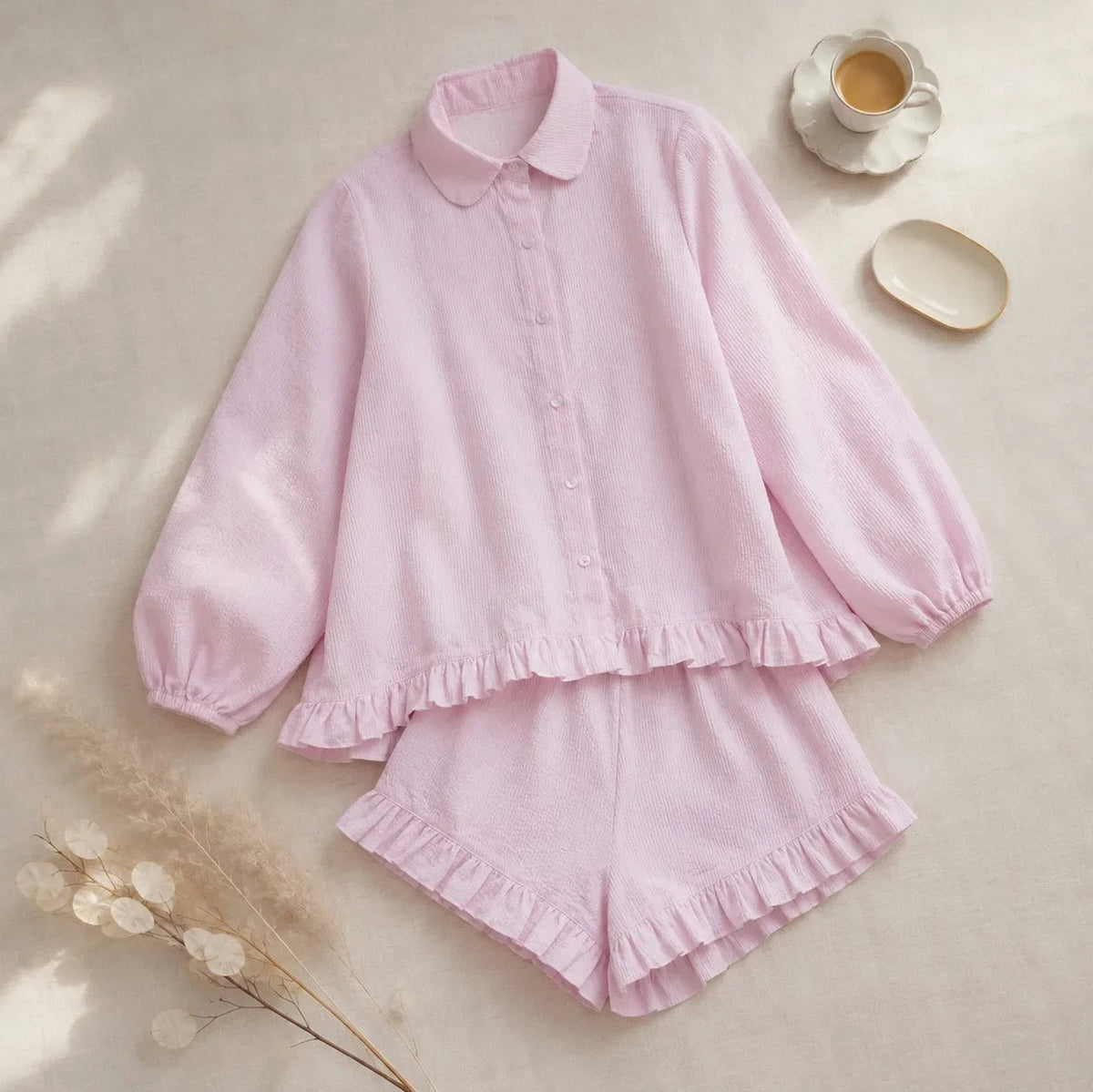 Long Sleeve Ruffle Button Down Matching Set
