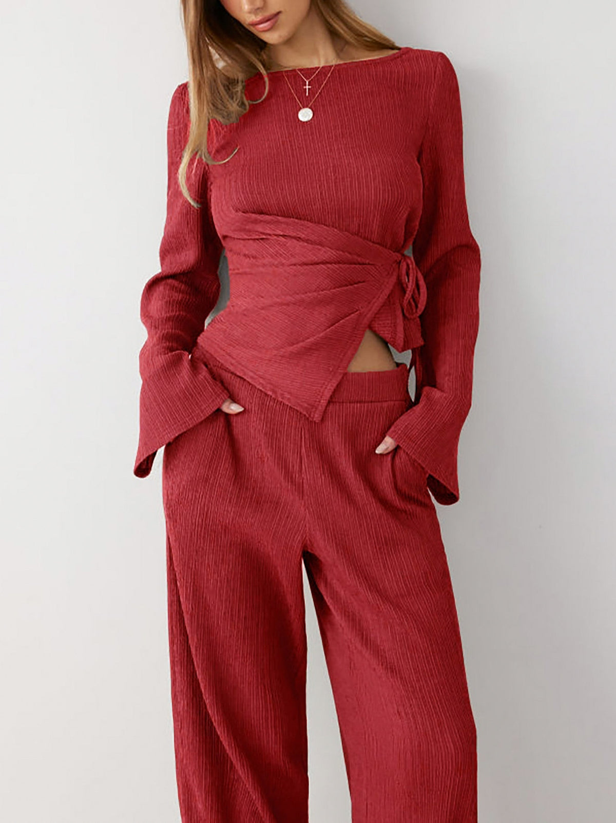 Long Sleeve Tie Waist Two Piece Set