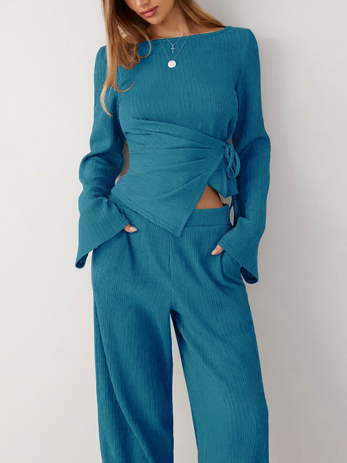 Long Sleeve Tie Waist Two Piece Set