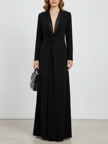 Long Sleeve Tuxedo Knot Maxi Dress
