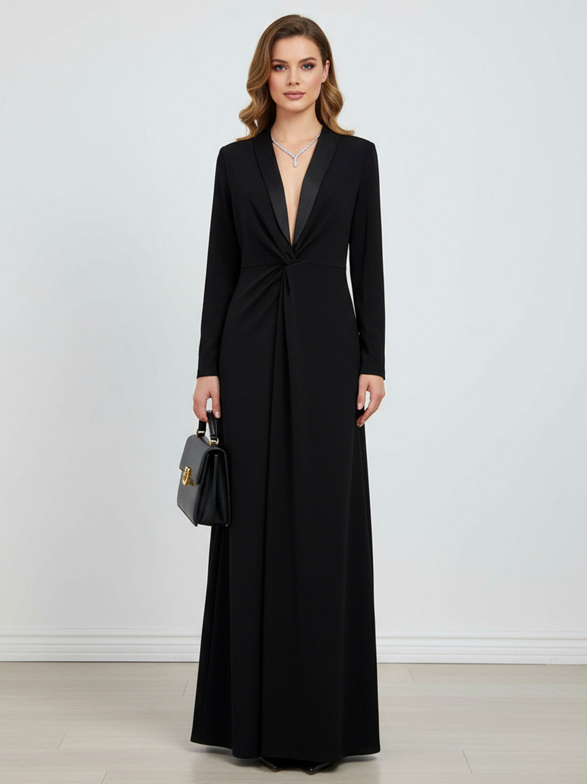 Long Sleeve Tuxedo Knot Maxi Dress