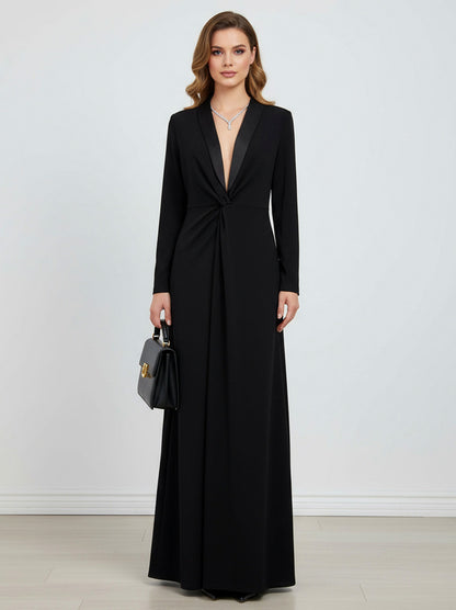 Long Sleeve Tuxedo Knot Maxi Dress