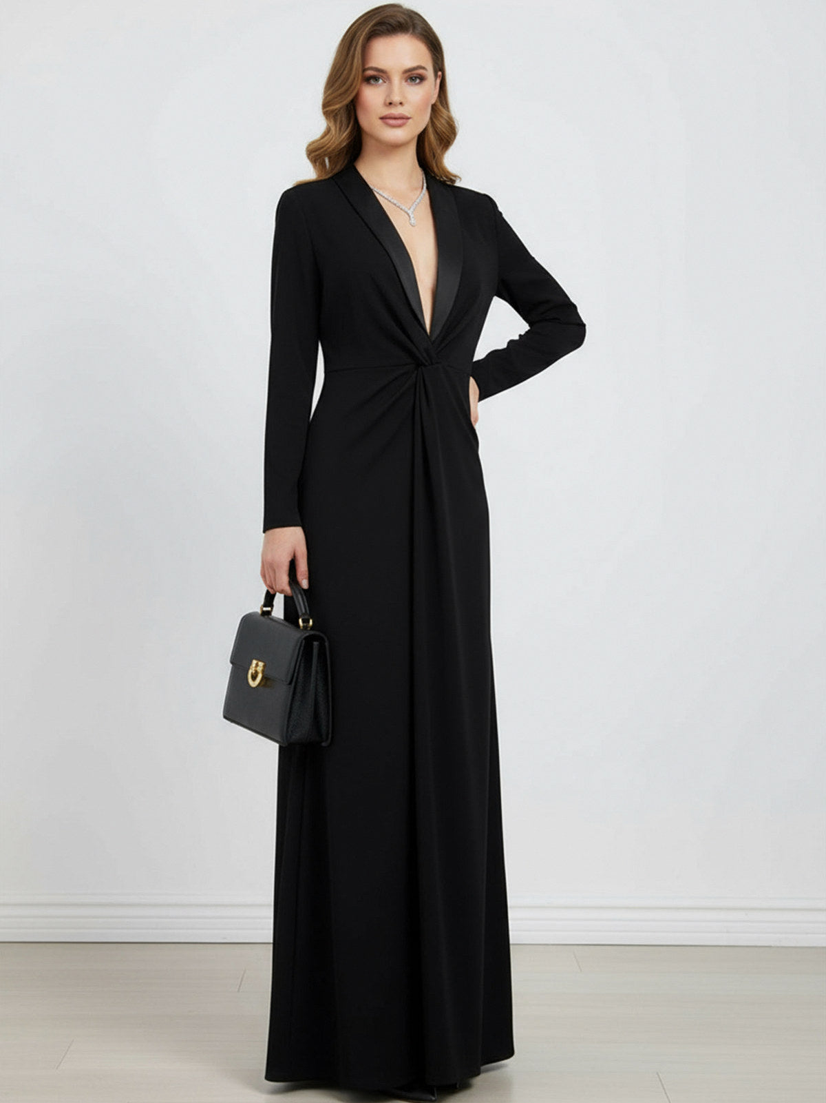 Long Sleeve Tuxedo Knot Maxi Dress