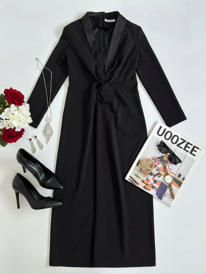 Long Sleeve Tuxedo Knot Maxi Dress