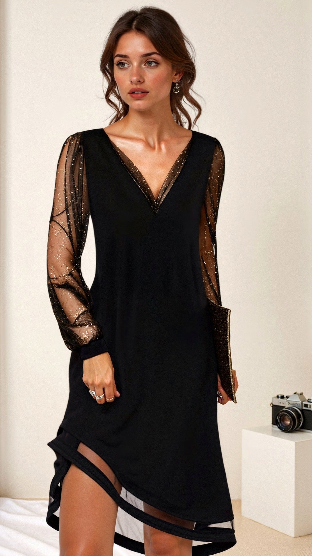 Mesh Long Sleeve Shift Mini Dress