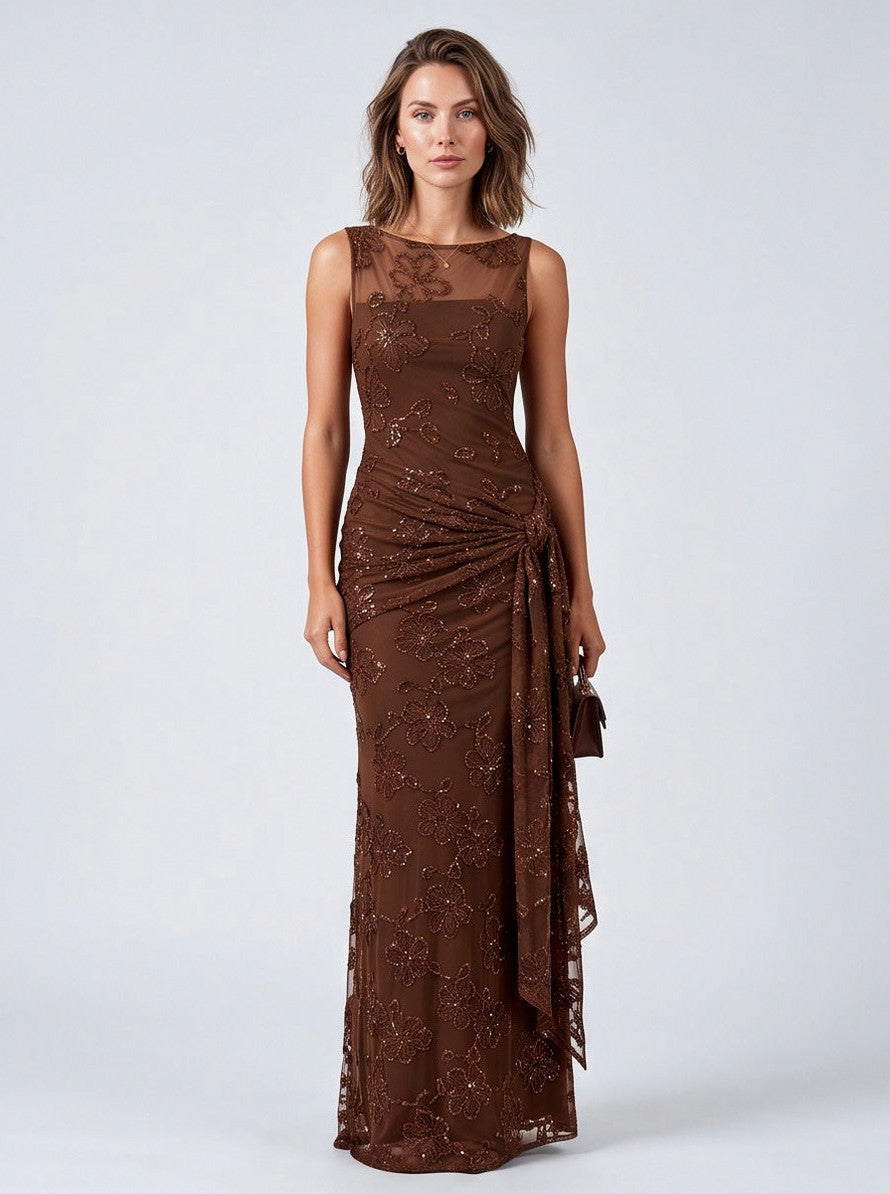 Mesh Sequin Ruched Maxi Dress