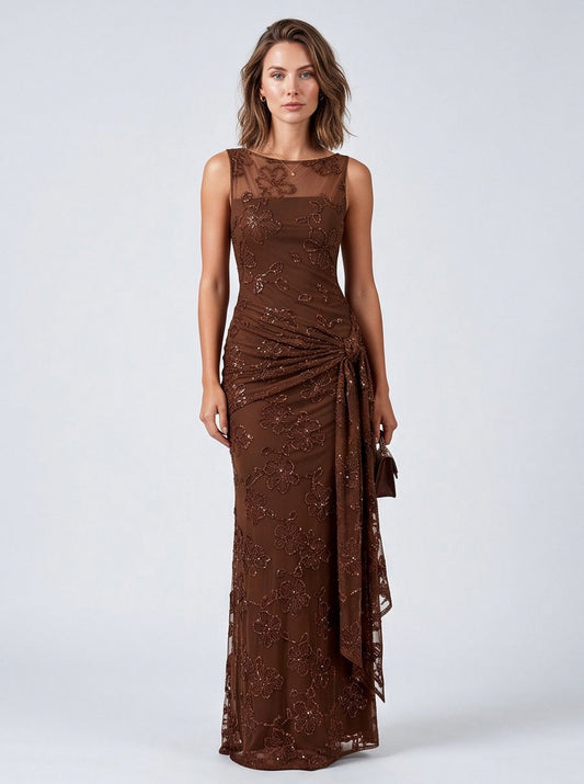 Mesh Sequin Ruched Maxi Dress