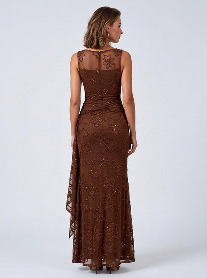 Mesh Sequin Ruched Maxi Dress