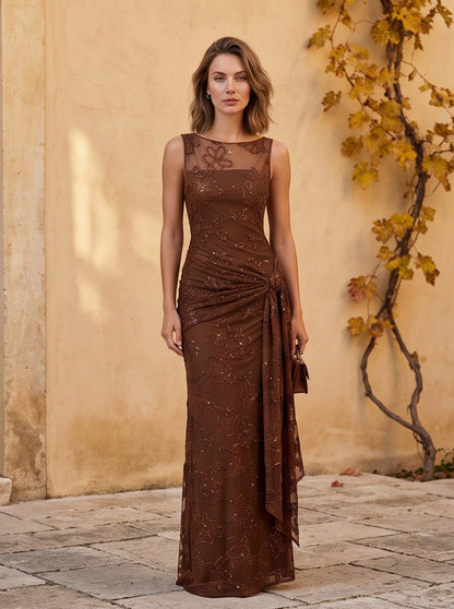 Mesh Sequin Ruched Maxi Dress