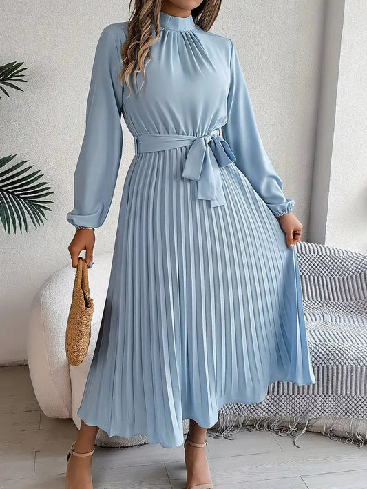 Long Sleeve Mock Neck Pleated Midi Dress