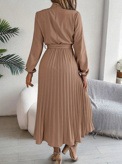 Long Sleeve Mock Neck Pleated Midi Dress