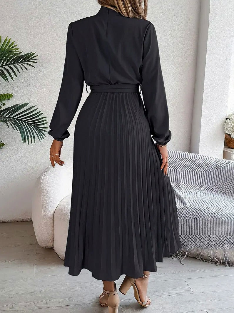 Long Sleeve Mock Neck Pleated Midi Dress