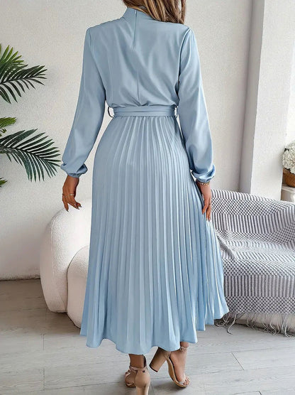 Long Sleeve Mock Neck Pleated Midi Dress