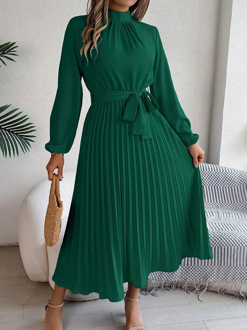 Long Sleeve Mock Neck Pleated Midi Dress