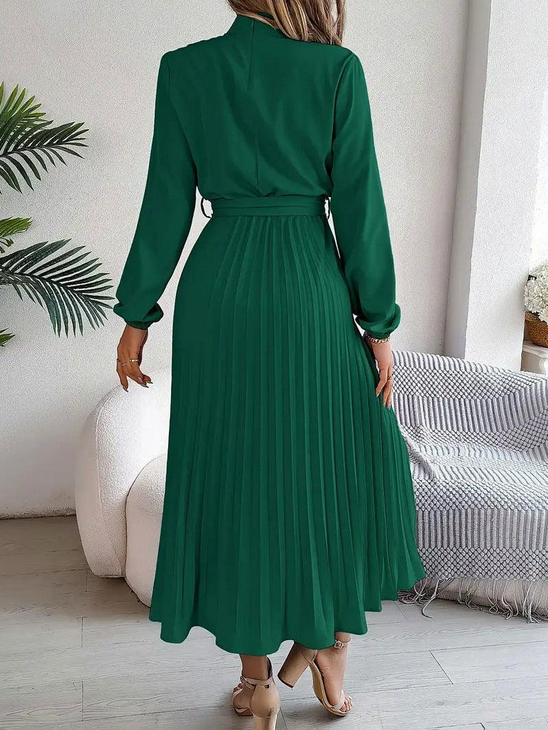 Long Sleeve Mock Neck Pleated Midi Dress