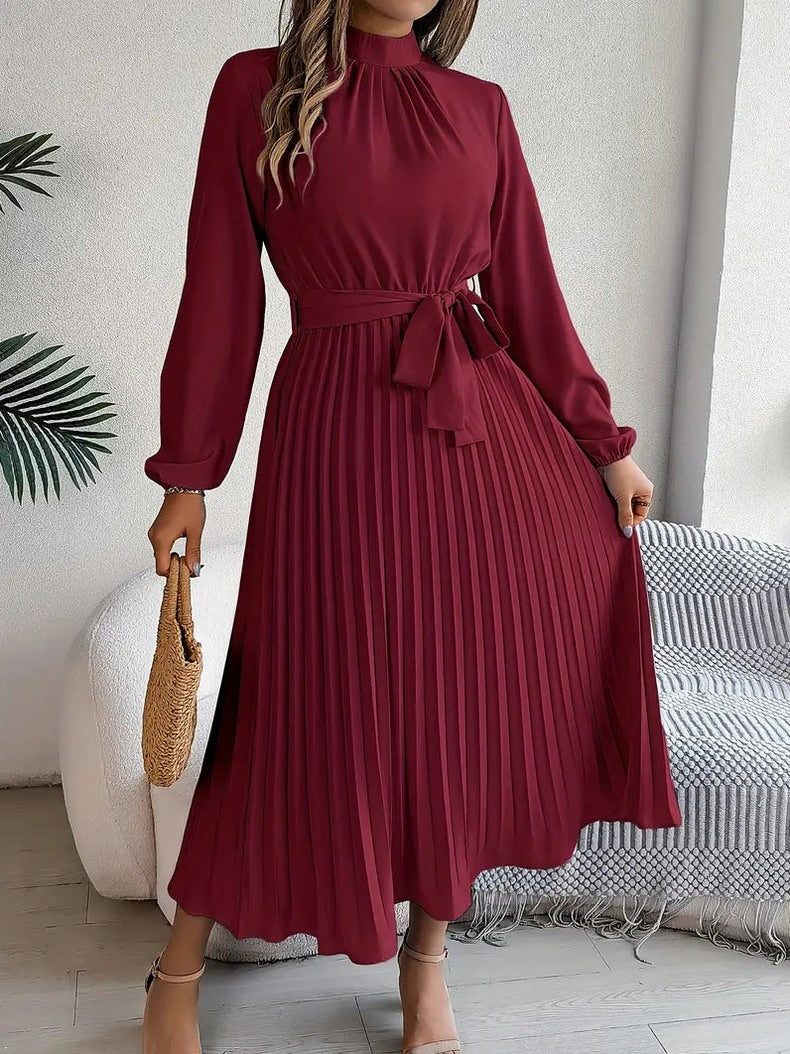 Long Sleeve Mock Neck Pleated Midi Dress