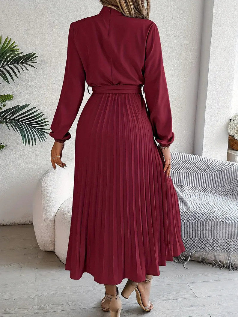Long Sleeve Mock Neck Pleated Midi Dress