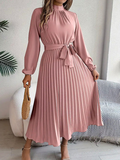 Long Sleeve Mock Neck Pleated Midi Dress