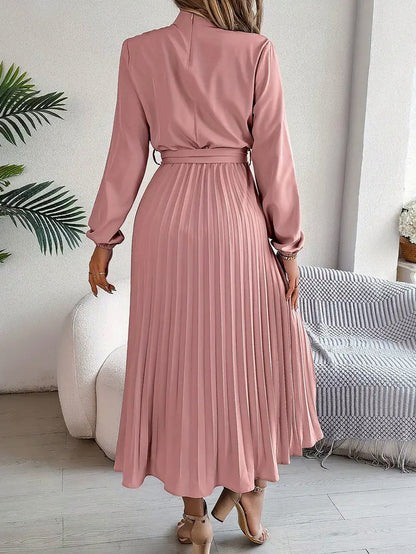 Long Sleeve Mock Neck Pleated Midi Dress