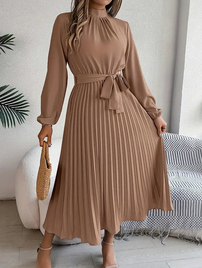 Long Sleeve Mock Neck Pleated Midi Dress