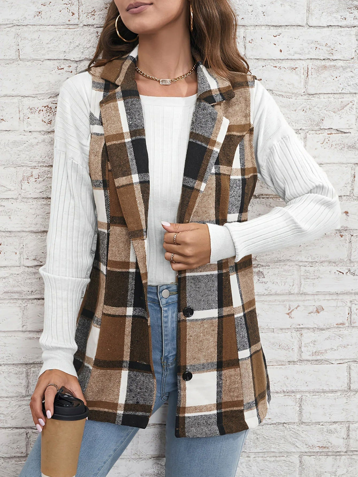 Plaid Button Front Sleeveless Vest