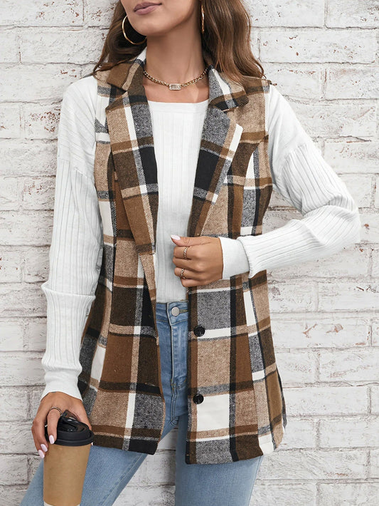 Plaid Button Front Sleeveless Vest