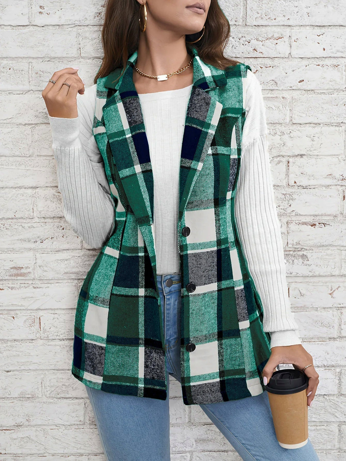 Plaid Button Front Sleeveless Vest
