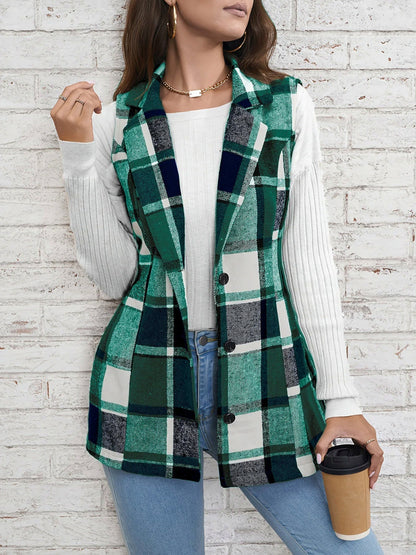 Plaid Button Front Sleeveless Vest