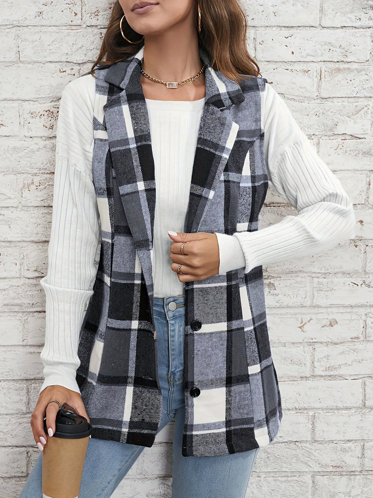 Plaid Button Front Sleeveless Vest