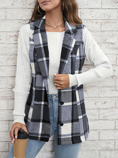 Plaid Button Front Sleeveless Vest