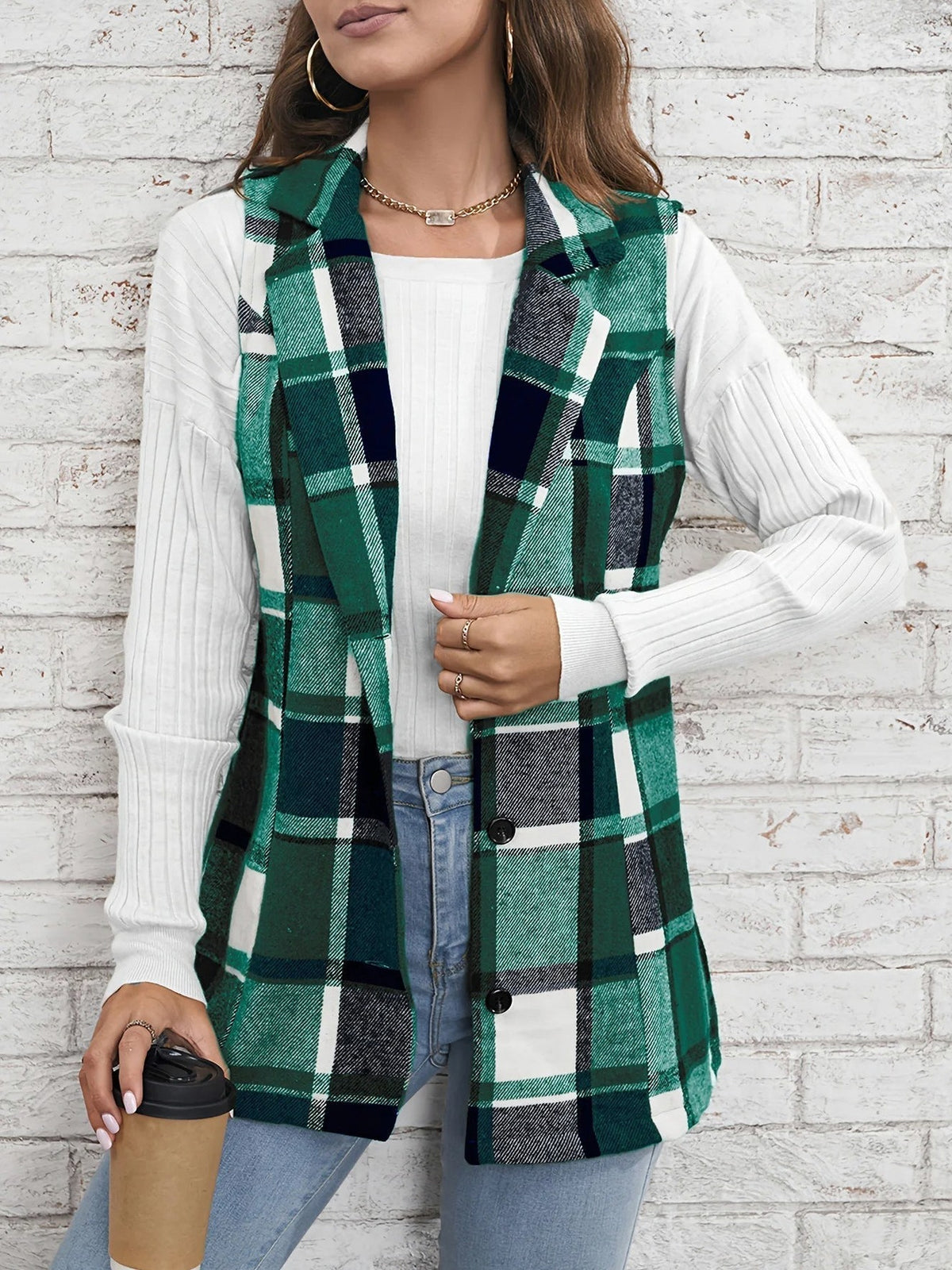 Plaid Button Front Sleeveless Vest