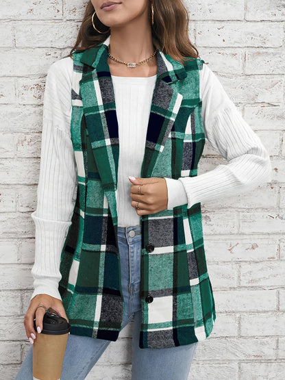 Plaid Button Front Sleeveless Vest