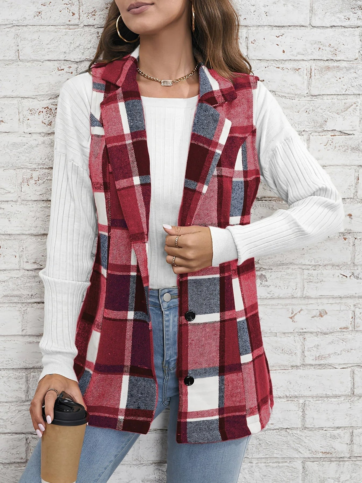 Plaid Button Front Sleeveless Vest
