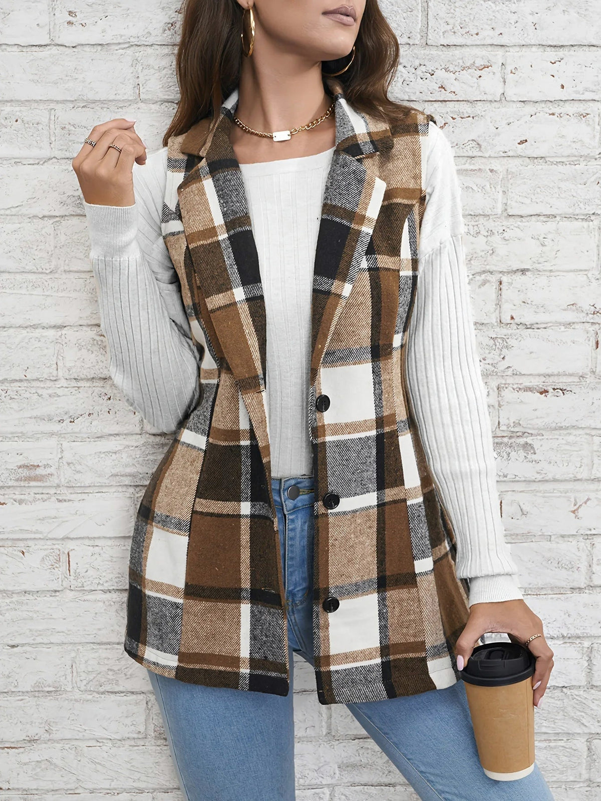 Plaid Button Front Sleeveless Vest
