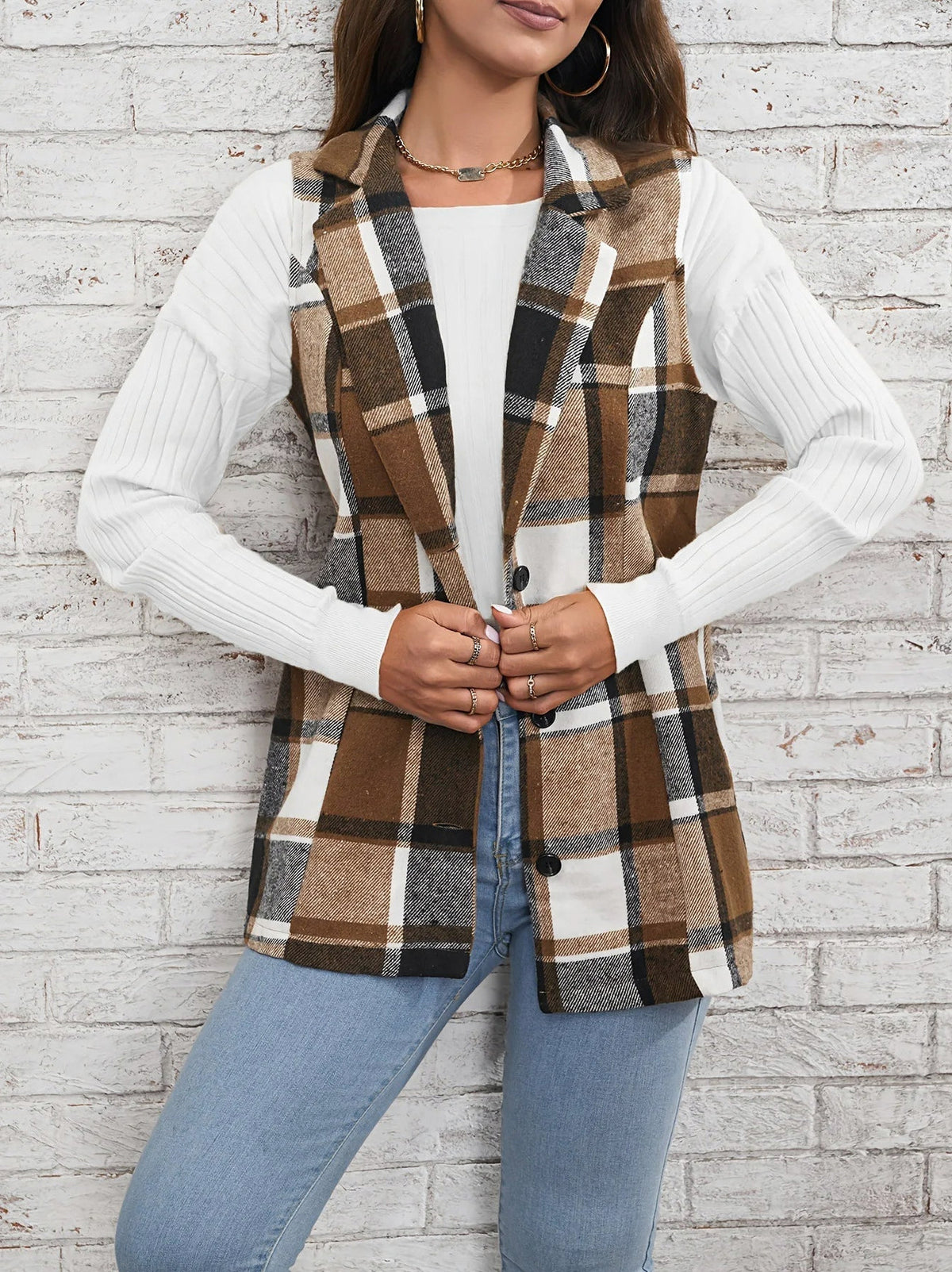 Plaid Button Front Sleeveless Vest