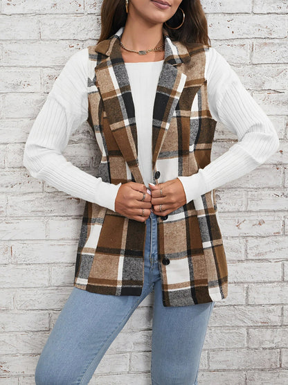 Plaid Button Front Sleeveless Vest