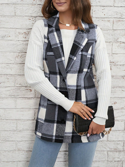 Plaid Button Front Sleeveless Vest