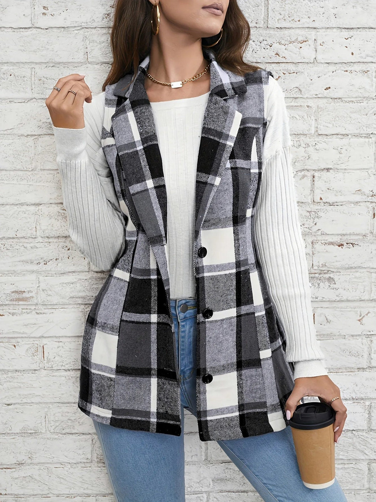 Plaid Button Front Sleeveless Vest