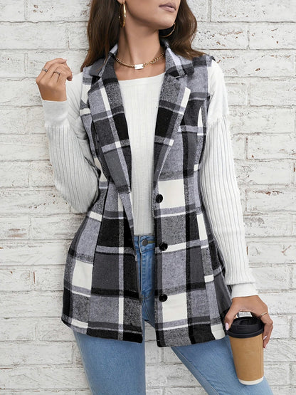 Plaid Button Front Sleeveless Vest