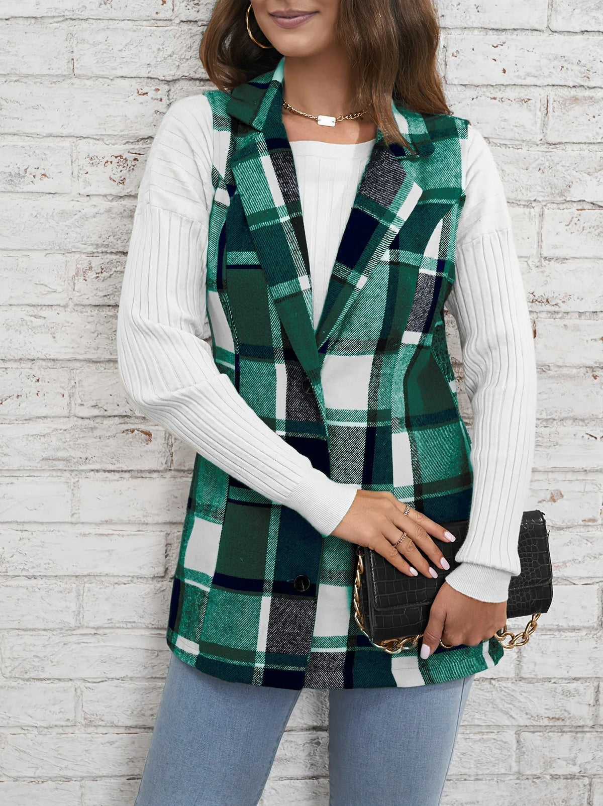 Plaid Button Front Sleeveless Vest
